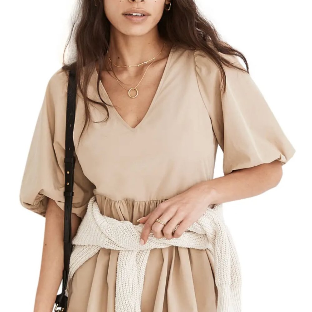 Madewell Poplin V-Neck Bubble-Sleeve Mini Dress